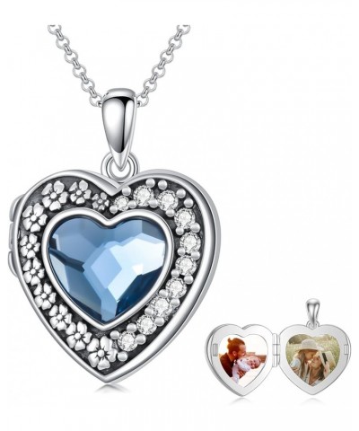 Sterling Silver Heart Locket Necklace with Blue Crystal Flower Lockets for Women that Hold 2 Pictures 00-Heart Locket-Photo $...