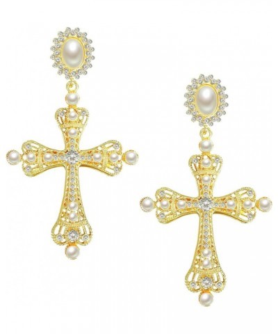 Cross Dangle Earrings Women - Baroque Pearl Vintage Statement Drop Earring Tassel Crystal Zirconia Lucky Jewelry Earring Birt...