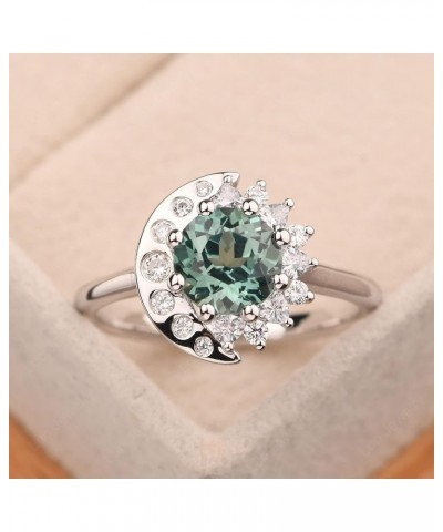 S925 Sterling Silver Round Shaped 7 MM Halo Engagement Ring Sun and Moon Ring Gemstone Ring for Women Green Sapphire $60.63 R...