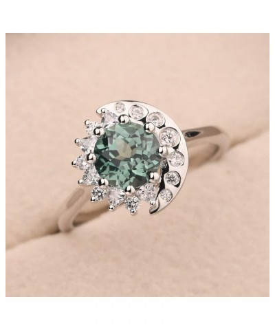 S925 Sterling Silver Round Shaped 7 MM Halo Engagement Ring Sun and Moon Ring Gemstone Ring for Women Green Sapphire $60.63 R...