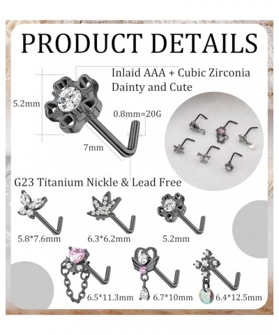 6Pcs G23 Titanium Nose Ring 20G Hypoallergenic Nose Rings Studs L Shaped for Women Men CZ Flower Cross Heart Dangle Nose Ring...