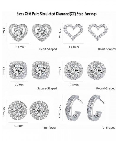 Simulated Diamond Stud Earrings for Women Hypoallergenic Sterling Silver CZ Stud Earring Set | Friction Butterfly Backs 6 Pai...