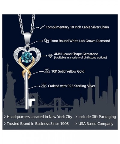 Gemstone Birthstone and White Lab Grown Diamond Heart Key Pendant Necklace For Women | 925 Sterling Silver and 10K Yellow Gol...