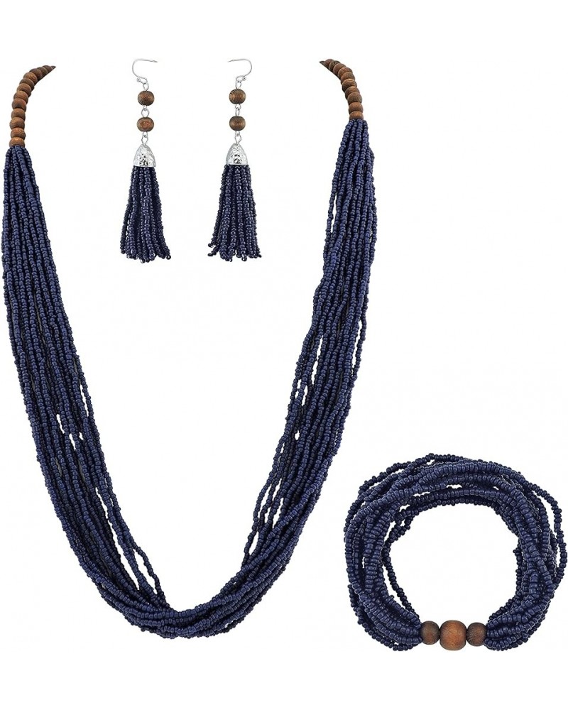 Long Multiple Row Handmade Beaded Statement Necklace with Gift Box (NK-10407) navy blue-set $12.41 Jewelry Sets