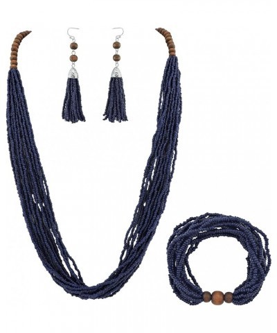 Long Multiple Row Handmade Beaded Statement Necklace with Gift Box (NK-10407) navy blue-set $12.41 Jewelry Sets