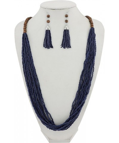 Long Multiple Row Handmade Beaded Statement Necklace with Gift Box (NK-10407) navy blue-set $12.41 Jewelry Sets