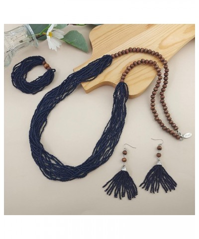 Long Multiple Row Handmade Beaded Statement Necklace with Gift Box (NK-10407) navy blue-set $12.41 Jewelry Sets