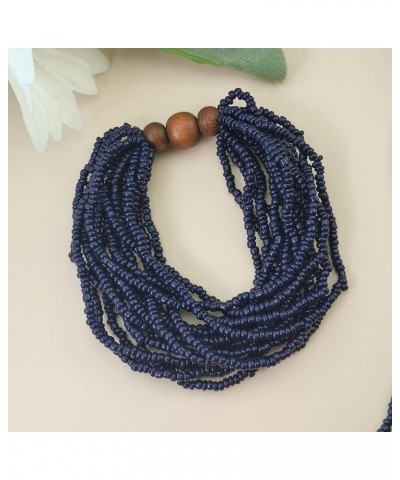 Long Multiple Row Handmade Beaded Statement Necklace with Gift Box (NK-10407) navy blue-set $12.41 Jewelry Sets