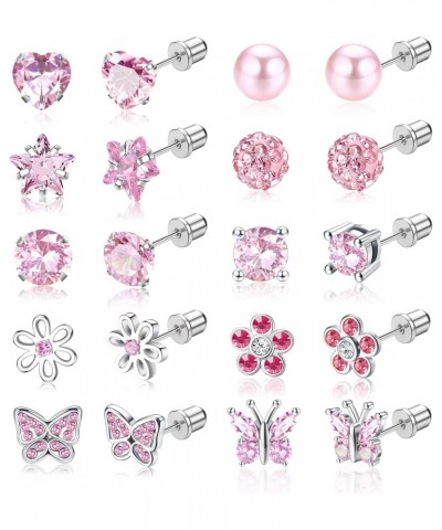 10 Pairs Hypoallergenic ScrewBack Earrings for Women 316L Stainless Steel Heart CZ Screw Back Earring Studs Multicolored Pink...