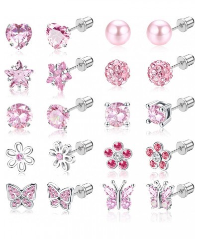 10 Pairs Hypoallergenic ScrewBack Earrings for Women 316L Stainless Steel Heart CZ Screw Back Earring Studs Multicolored Pink...