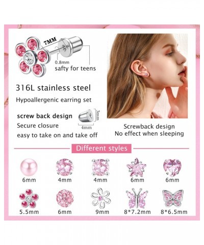 10 Pairs Hypoallergenic ScrewBack Earrings for Women 316L Stainless Steel Heart CZ Screw Back Earring Studs Multicolored Pink...