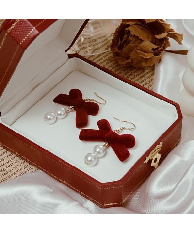 Red Bow Tie Earrings for Women Girls Velvet Bow Pearl Stud Earrings Dainty Simple Bow Tie Ribbon Stud Earrings Handmade Red R...