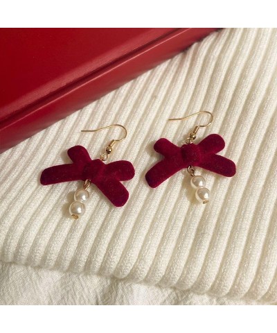 Red Bow Tie Earrings for Women Girls Velvet Bow Pearl Stud Earrings Dainty Simple Bow Tie Ribbon Stud Earrings Handmade Red R...