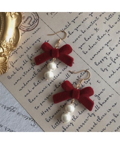 Red Bow Tie Earrings for Women Girls Velvet Bow Pearl Stud Earrings Dainty Simple Bow Tie Ribbon Stud Earrings Handmade Red R...