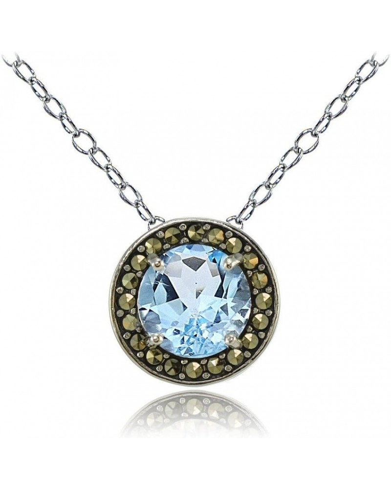 Sterling Silver Gemstone and Marcasite Halo Birthstone Necklaces Blue Topaz $19.35 Necklaces