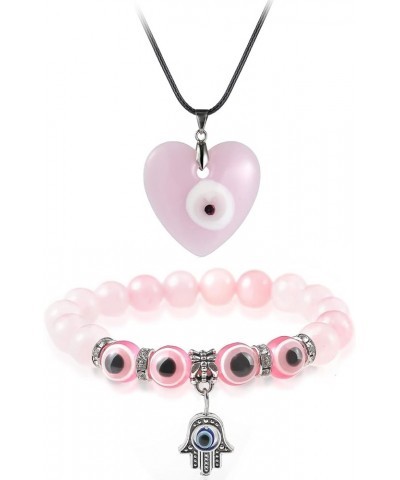 4 Pcs Evil Eye Bead Bracelet Hamsa Hand Fatima Charm Stretch Amulet Turkish Good Luck Protection Kabbalah Jewelry pink set $7...