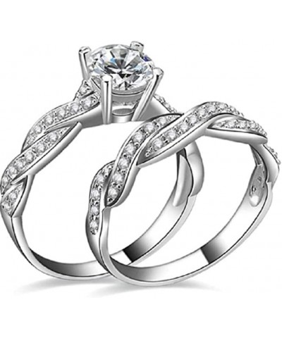 2-in-1 Womens 925 Solid Sterling Silver Matching Bridal Set Wedding Engagement Rings Clear Round Cubic Zirconia Engagement Pr...