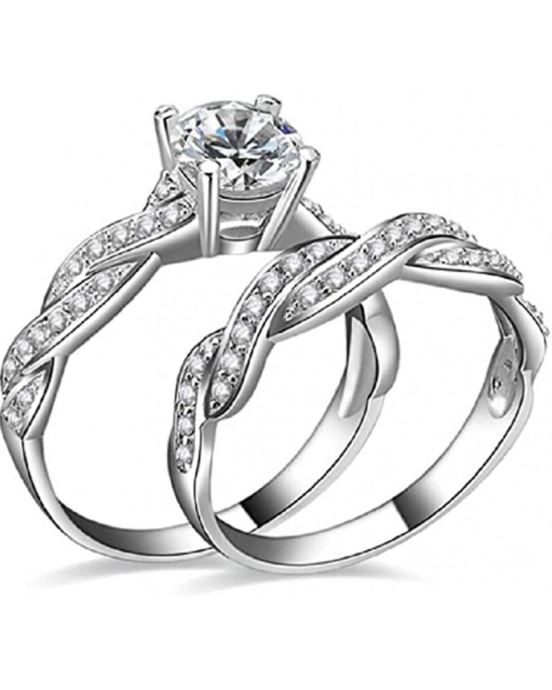 2-in-1 Womens 925 Solid Sterling Silver Matching Bridal Set Wedding Engagement Rings Clear Round Cubic Zirconia Engagement Pr...