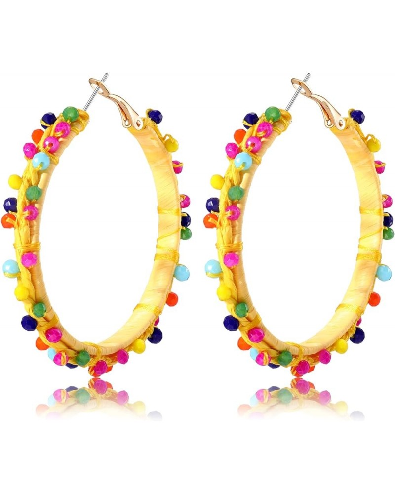 Raffia Earrings Colorful Crystal Beaded Raffia Hoop Earrings Handmade Bohemia Earrings Summer Tropical Beach Accessory Gifts ...