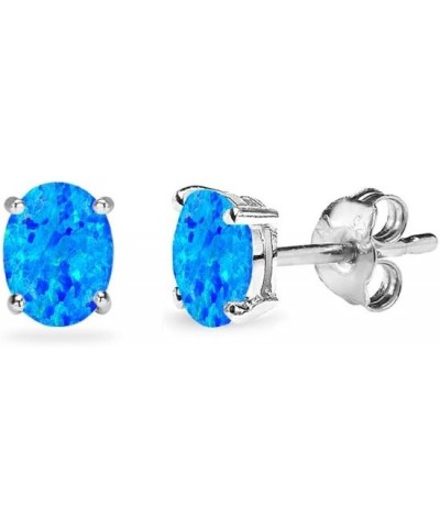 Sterling Silver Synthetic Opal Oval-Cut Solitaire Stud Earrings for Women Teens & Girls 5x3mm - Blue - Silver $9.50 Earrings