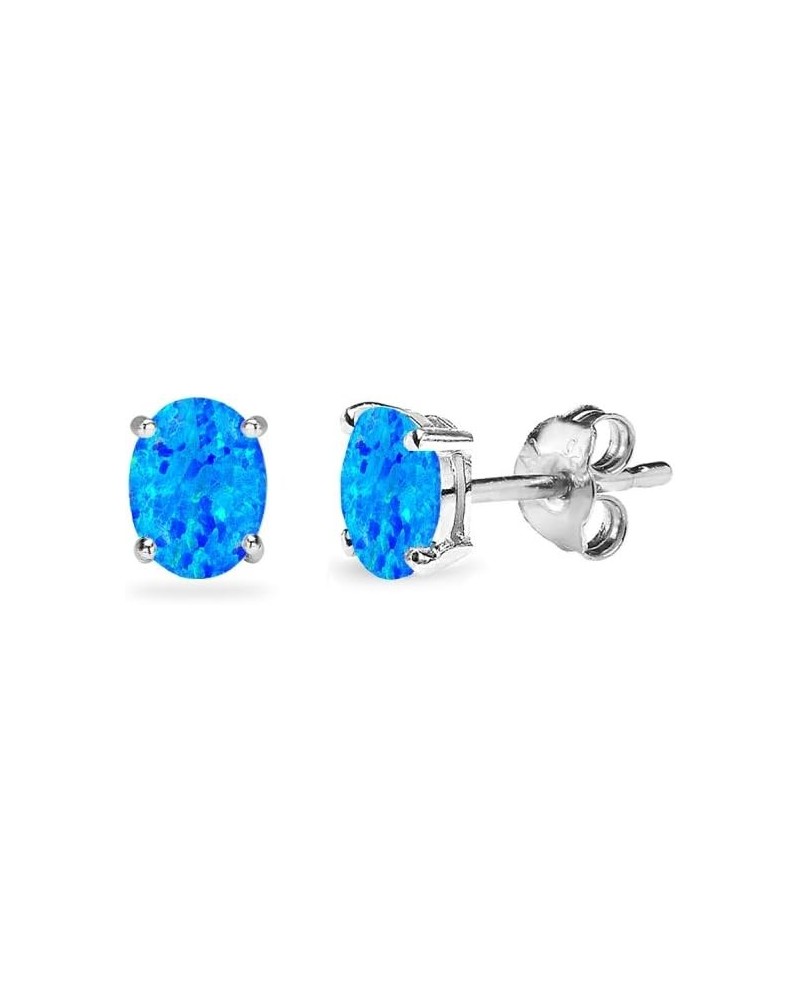 Sterling Silver Synthetic Opal Oval-Cut Solitaire Stud Earrings for Women Teens & Girls 5x3mm - Blue - Silver $9.50 Earrings