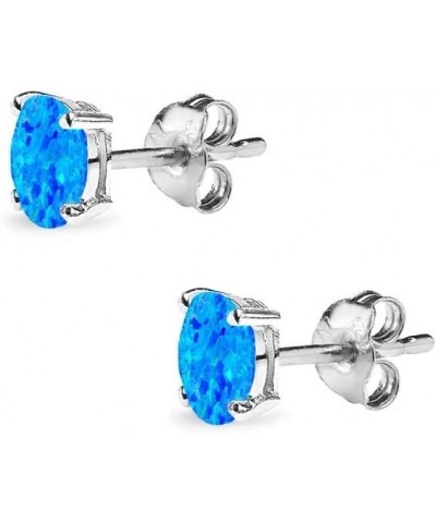 Sterling Silver Synthetic Opal Oval-Cut Solitaire Stud Earrings for Women Teens & Girls 5x3mm - Blue - Silver $9.50 Earrings