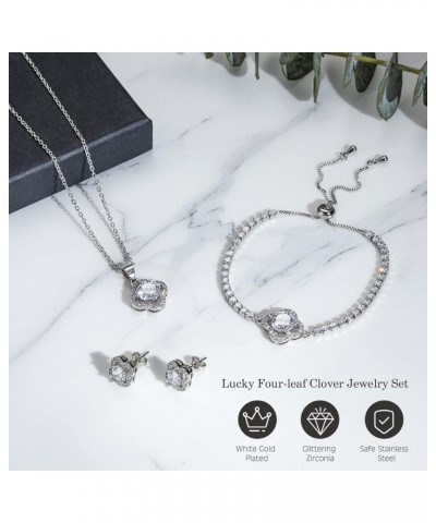 Lucky Clover Bracelet Necklace Earrings Jewelry Set for Women, Classic 4-Leaf White Gold Plated Bracelet Cubic Zirconia Studs...