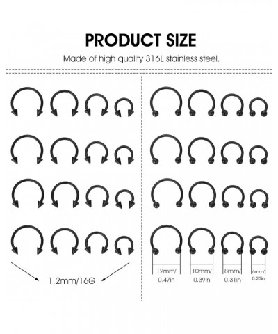 32Pcs 16G Variety of Sizes Horseshoe Rings Surgical Steel Nose Septum Horseshoe Hoop Earring Eyebrow Earring Hoop Lip Horsesh...