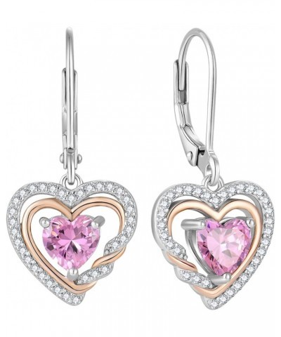 Heart Dangle Earrings 925 Sterling Silver Birthstone Leverback Drop Earrings with 5A Cubic Zirconia with 2-tone White Gold&Ro...