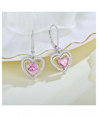 Heart Dangle Earrings 925 Sterling Silver Birthstone Leverback Drop Earrings with 5A Cubic Zirconia with 2-tone White Gold&Ro...