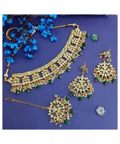 Indian Jewelry Set Traditional Kundan Crystal Faux Pearl Choker Necklace Dangle Earring Maang Tikka Head Chain Bollywood Wedd...