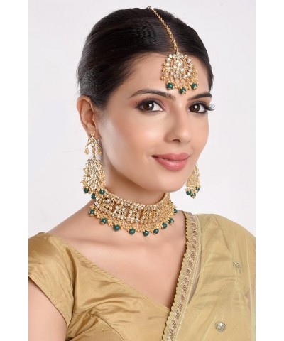 Indian Jewelry Set Traditional Kundan Crystal Faux Pearl Choker Necklace Dangle Earring Maang Tikka Head Chain Bollywood Wedd...