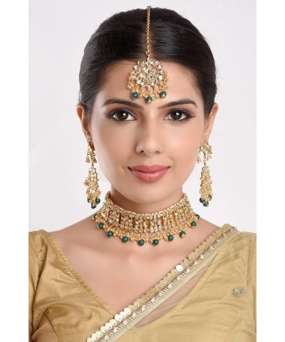 Indian Jewelry Set Traditional Kundan Crystal Faux Pearl Choker Necklace Dangle Earring Maang Tikka Head Chain Bollywood Wedd...