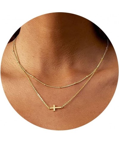 Cross Necklace for Women, 14K Gold Plated Cross Pendant Dainty Layered Chain Necklace Jewelry Gifts for Girls Layered Sideway...