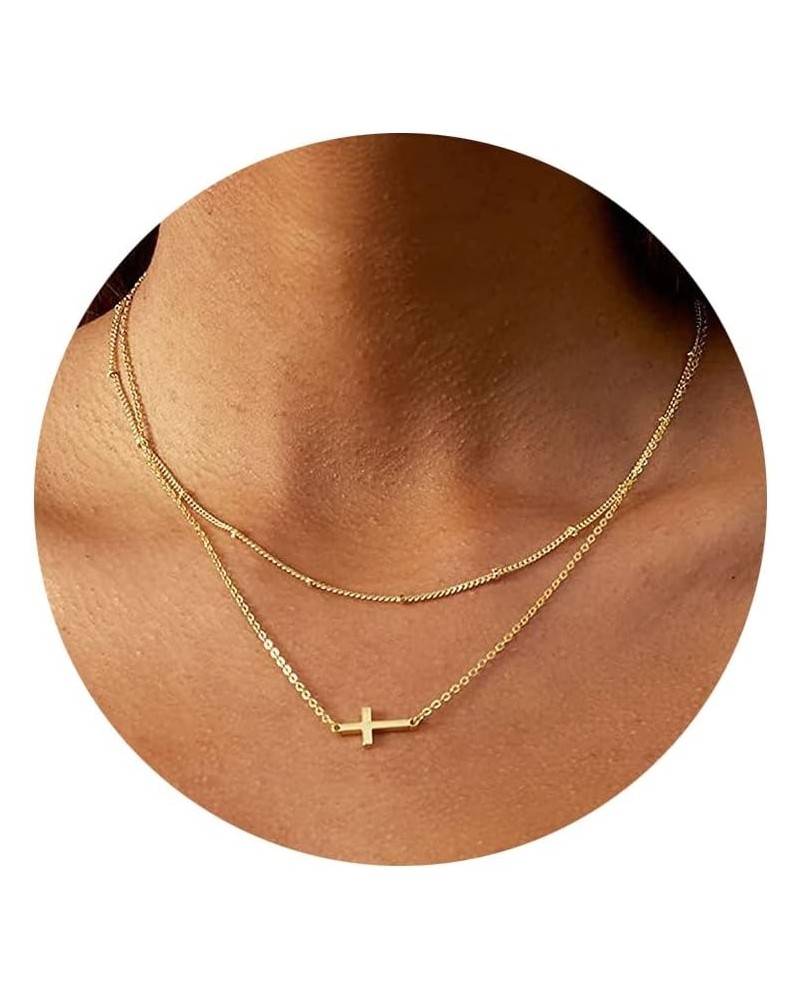 Cross Necklace for Women, 14K Gold Plated Cross Pendant Dainty Layered Chain Necklace Jewelry Gifts for Girls Layered Sideway...