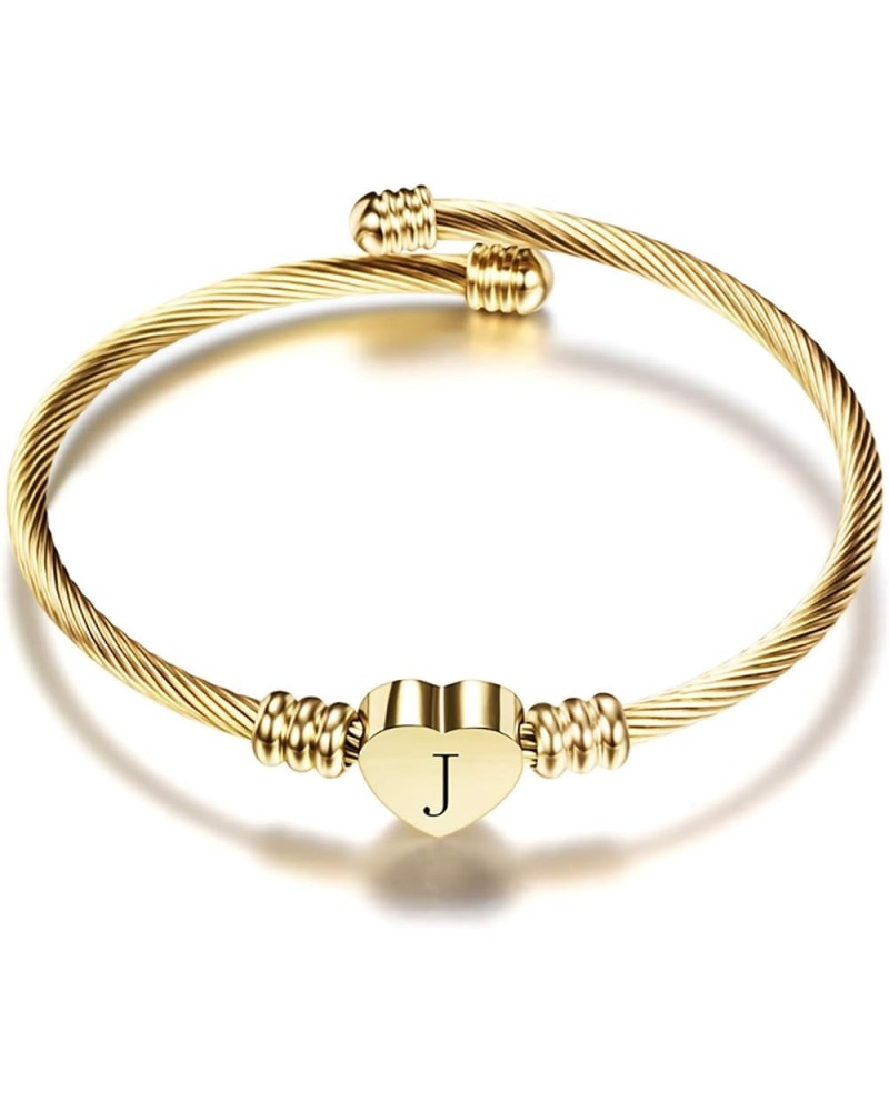 Women Girls Gold Plated Heart Initial A-Z Letter Cuff Bracelets Expandable Stainless Steel Birthday Jewelry J $5.94 Bracelets