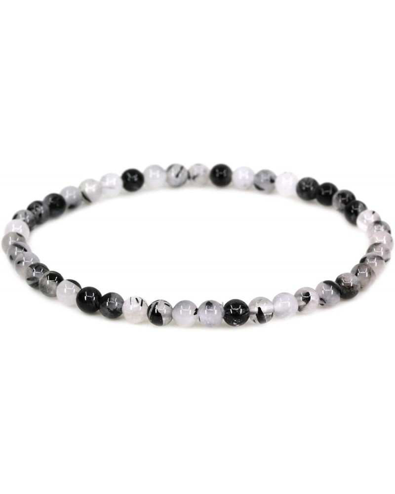 4mm Natural Round Beads Gemstones Rock Crystal Stretch Bracelet 7 Inch Unisex Black Rutilated Quartzite $7.31 Bracelets