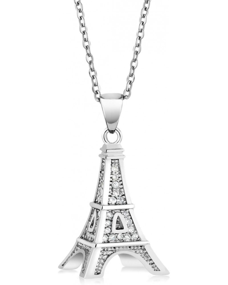 France Eiffel Tower Pendant Necklace for Women | White Zirconia Set in 925 Sterling Silver | 0.5 Inch | with 18 Inch Complime...