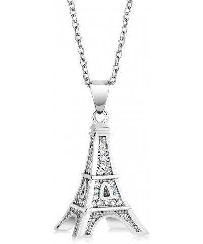 France Eiffel Tower Pendant Necklace for Women | White Zirconia Set in 925 Sterling Silver | 0.5 Inch | with 18 Inch Complime...