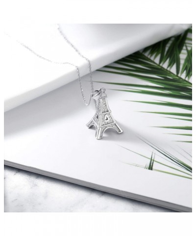 France Eiffel Tower Pendant Necklace for Women | White Zirconia Set in 925 Sterling Silver | 0.5 Inch | with 18 Inch Complime...