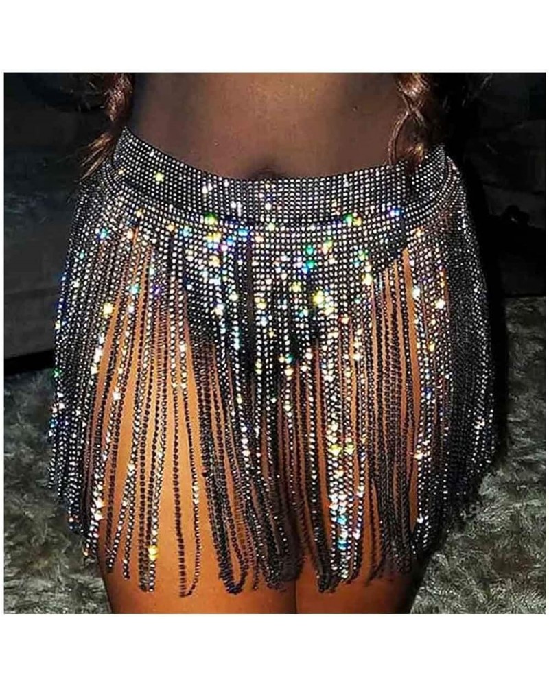 Crystal Tassel Skirts Rhinestone Hip Waist Body Chain Nightclub Rave Party Belly Dance Skirt for Women Black $14.42 Body Jewelry