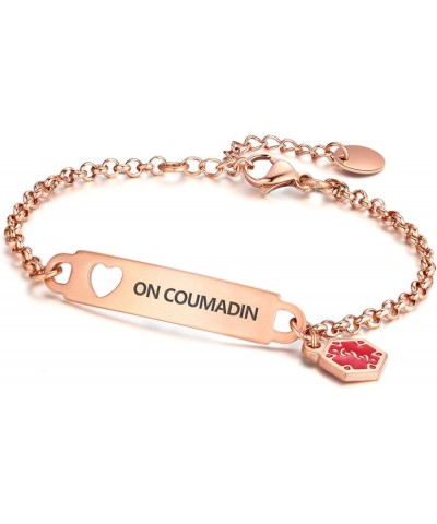 Pre-Engraved Simple Rolo Chain Medical Alert id Bracelet for Women PVD Rose Gold on coumadin $14.99 Bracelets