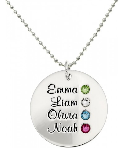 Personalized Round Four Stacked Names Sterling Silver Necklace With Birthstone Setting. Customize a Round Charm. Choice of St...