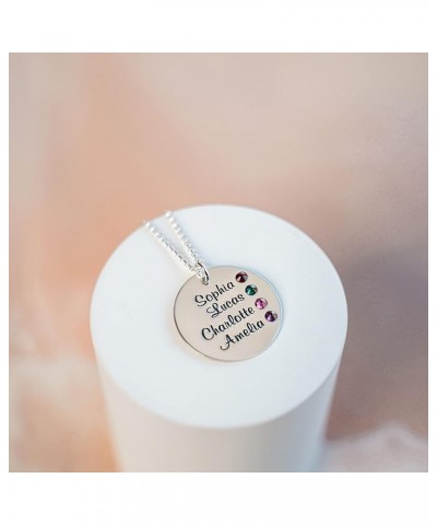 Personalized Round Four Stacked Names Sterling Silver Necklace With Birthstone Setting. Customize a Round Charm. Choice of St...