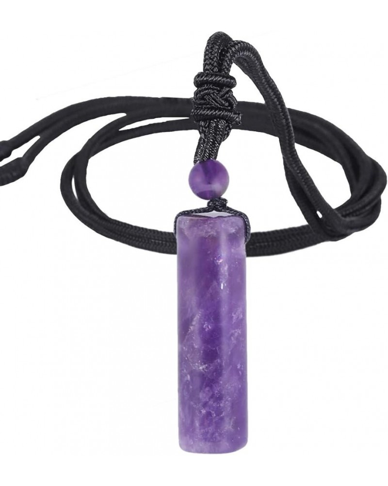 Healing Crystal Stone Pendant Necklace for Women and Men, Cylindrical Amulet Pendant wirh Adjustable Nylon Rope Purple 2-Amet...