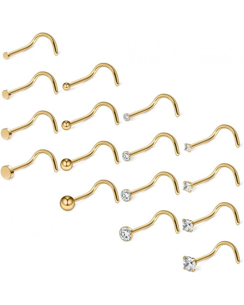 20G 18G Surgical Steel 1.5mm-3mm Flat Ball Clear Diamond CZ Nose Stud Rings Screw Piercing Jewelry 16-26PCS 18G: 16PCS - Gold...