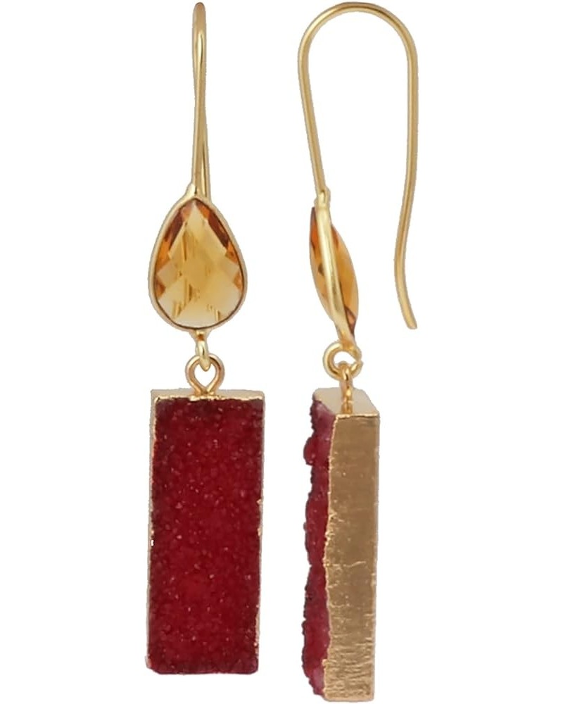 Pear & Rectangle Shape Brass Gold Plated Dangle Jewelry | Chalcedony & Agate Druzy Handmade Drop Hook Earring | Gemstone Earr...