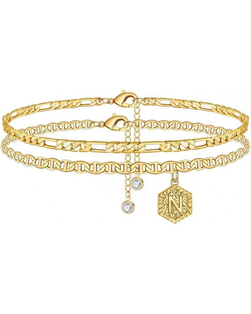 Initial Ankle Bracelets for Women, 14K Gold Plated Double Layered Initial Anklets Jewelry for Women Teen N-Gold $10.44 Anklets