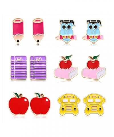 6/8 Pairs Teacher Stud Earrings for Women Girls Colorful Enamel Apple Pencil Book Back To School Earrings Teacher Appreciatio...