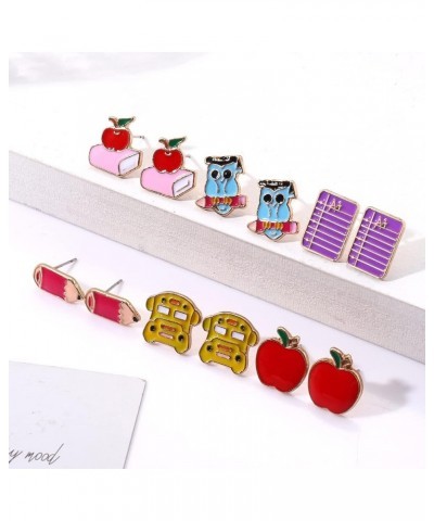 6/8 Pairs Teacher Stud Earrings for Women Girls Colorful Enamel Apple Pencil Book Back To School Earrings Teacher Appreciatio...